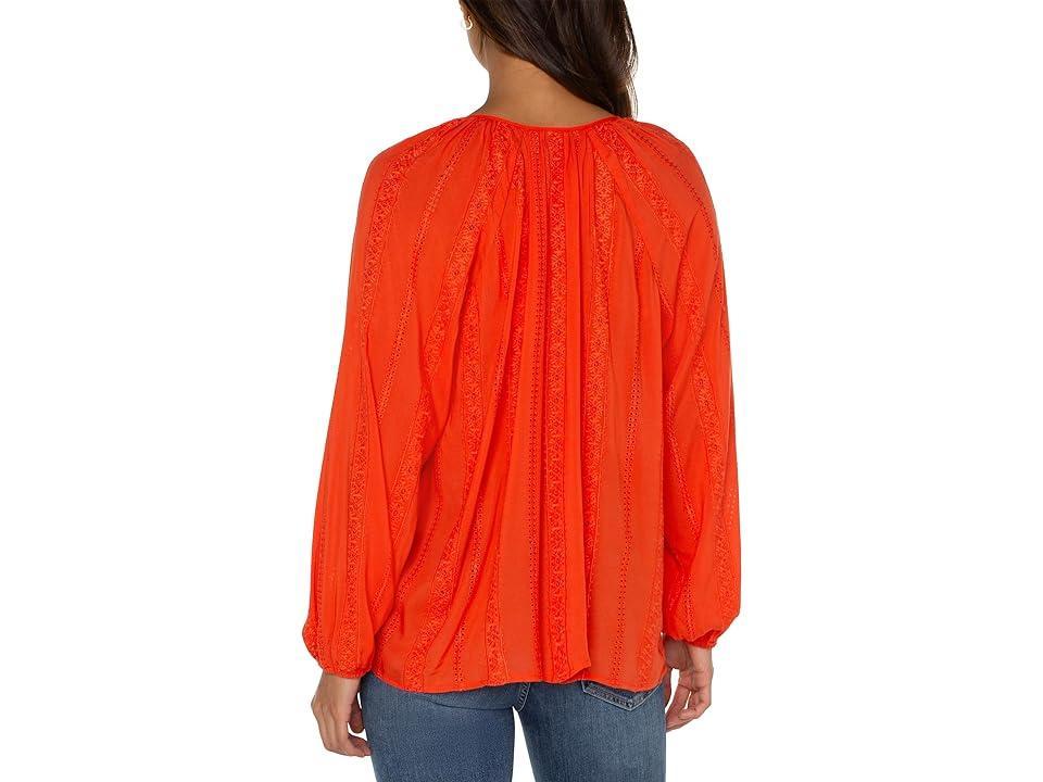 Liverpool Los Angeles Embroidered Shirred Blouse with Neck Ties (Coral Blaze) Women's Clothing Product Image
