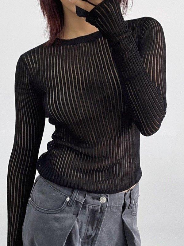 See Through Long Sleeve Ribbed Knit Top Product Image