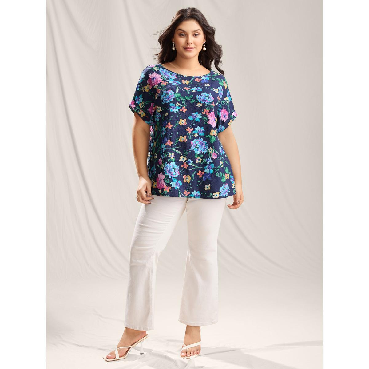 Plus Size Indigo Floral Affair Print Wrinkled Fabric Blouse Women Short sleeve Round Neck Everyday-Elegant Blouses BloomChic 30/6X Product Image