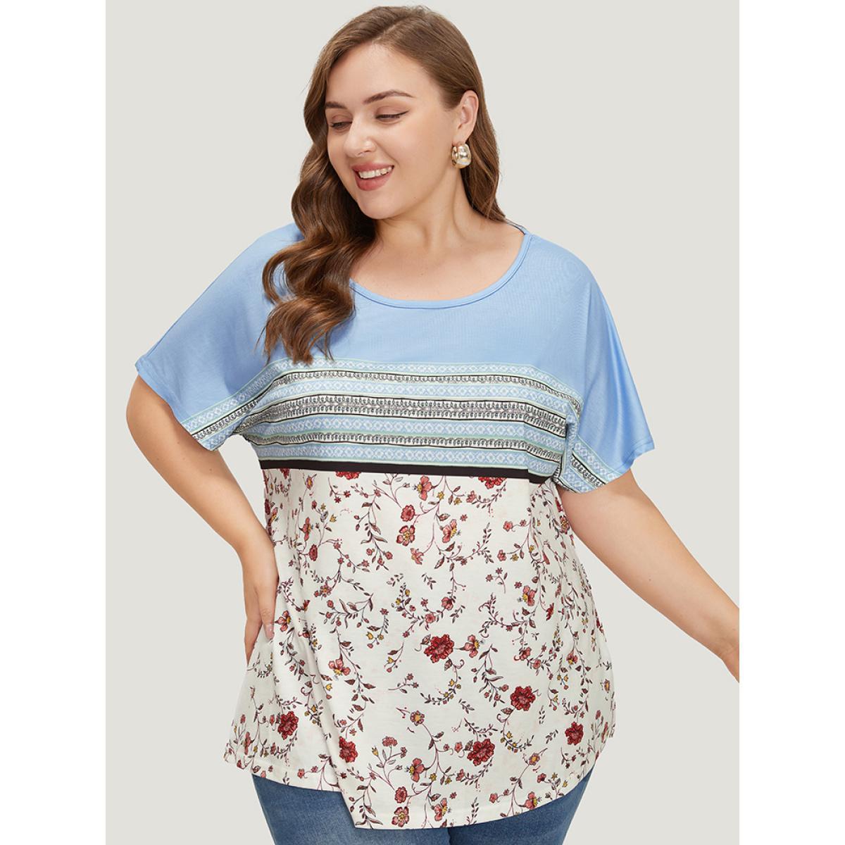 Plus Size Floral & Striped Batwing Sleeve Contrast T-shirt LightBlue Women Elegant Contrast Striped Round Neck Dailywear T-shirts BloomChic 18-20/2X Product Image