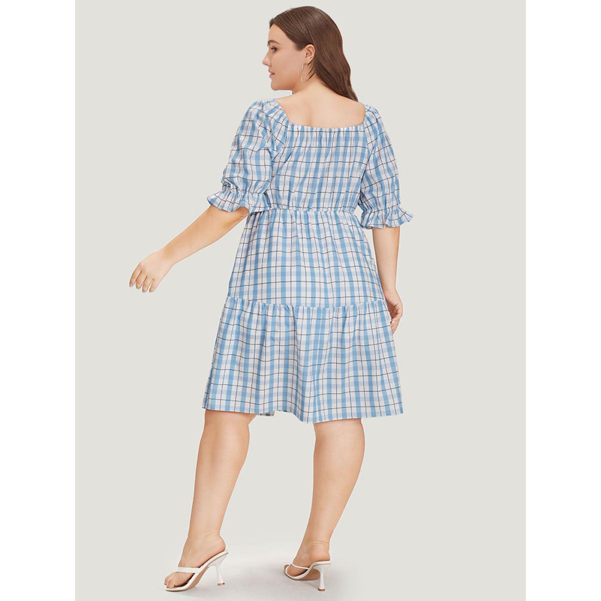 Plus Size Twist Front Square Neck Ruffle Layered Hem Bell Sleeve Dress LightBlue Women Elegant Square Neck Short sleeve Curvy Knee Dress BloomChic 14-16/1X Product Image