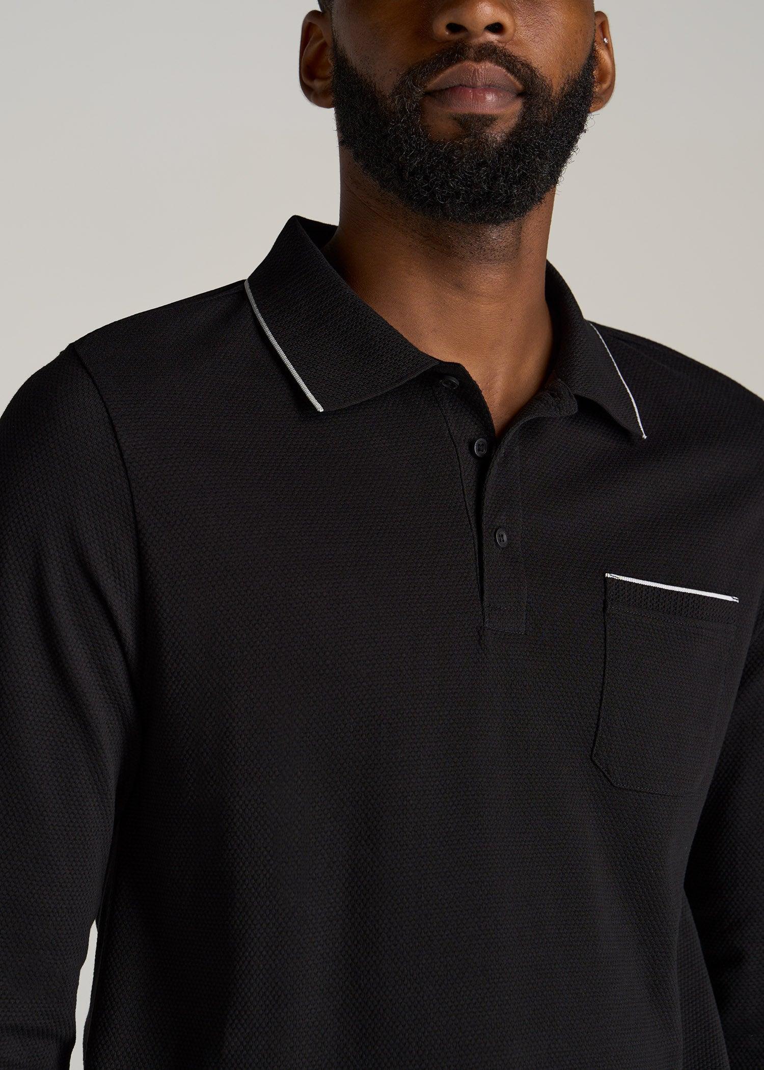 Long Sleeve Polo Shirt for Tall Men in Black & White Product Image