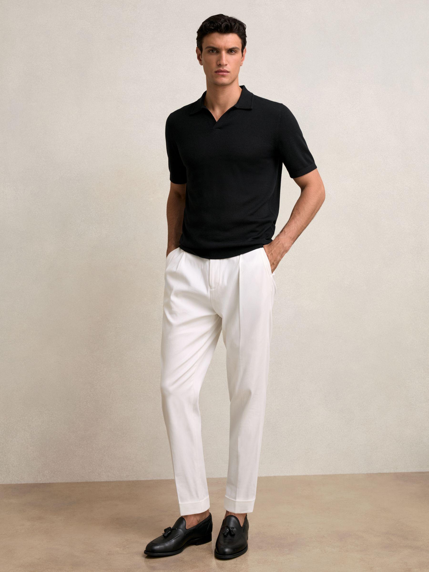 Merino Wool Open-Collar Polo Shirt in Black Product Image