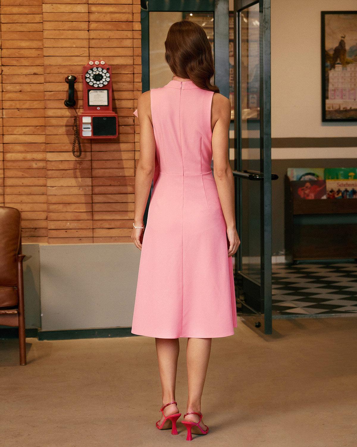 Pink Turtleneck Bowknot Satin Midi Dress Product Image