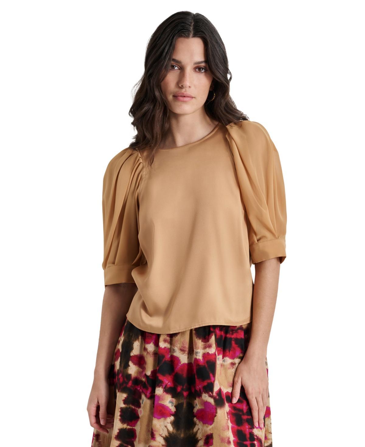 Dkny Womens Mixed-Media Chiffon Puff-Sleeve Top Product Image