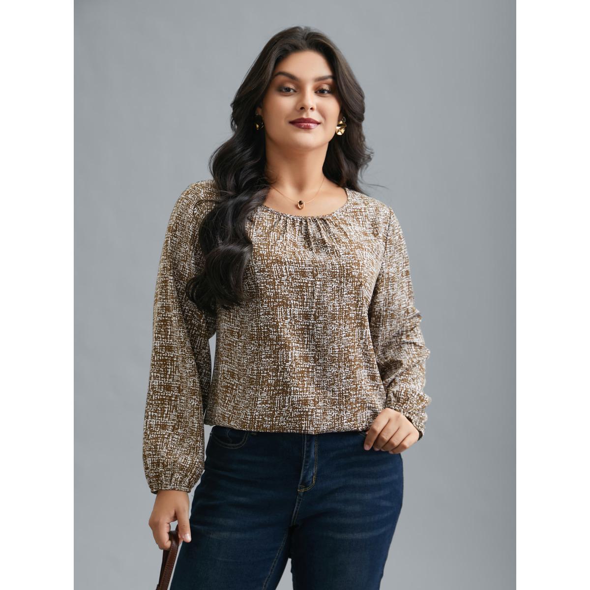 Plus Size Yellowishbrown Crew Neck Geometric Print Gathered Blouse Women At the Office Long Sleeve Round Neck Work Blouses BloomChic 18-20/2X Product Image
