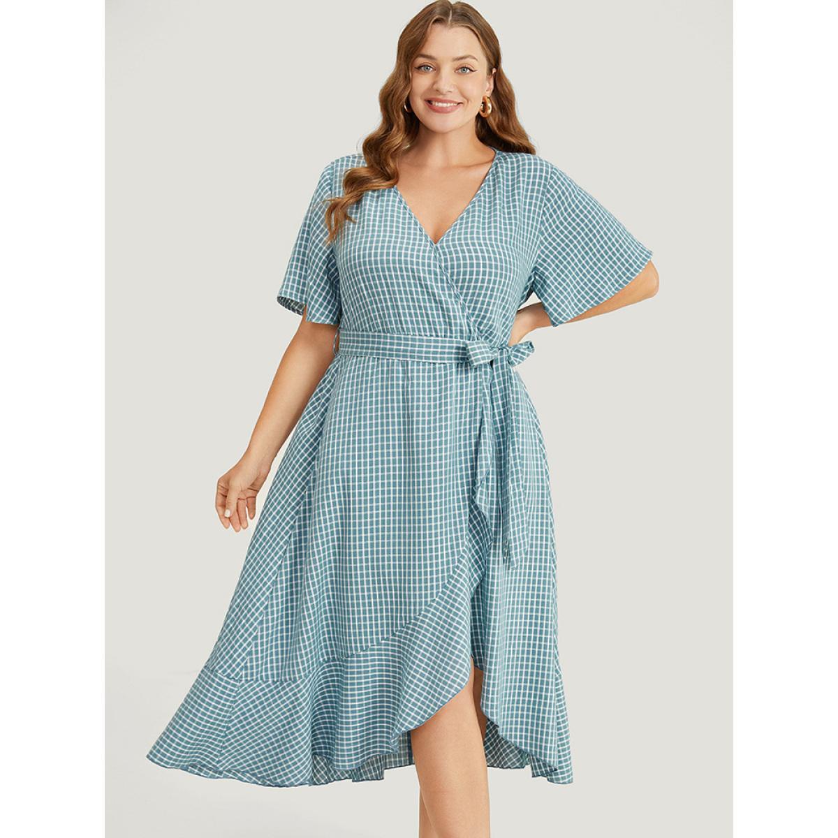 Plus Size Gingham Pocket Belted Ruffle Trim Surplice Neck Dress Cerulean Women Office Wrap V-neck Short sleeve Curvy Midi Dress BloomChic 18-20/2X Product Image