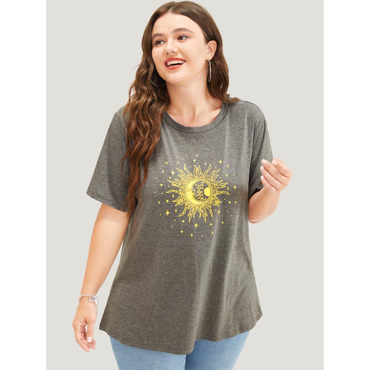 Plus Size Moon And Star Round Neck T-shirt DarkGray Women Casual Printed Star and moon Dailywear T-shirts BloomChic 28/5X Product Image