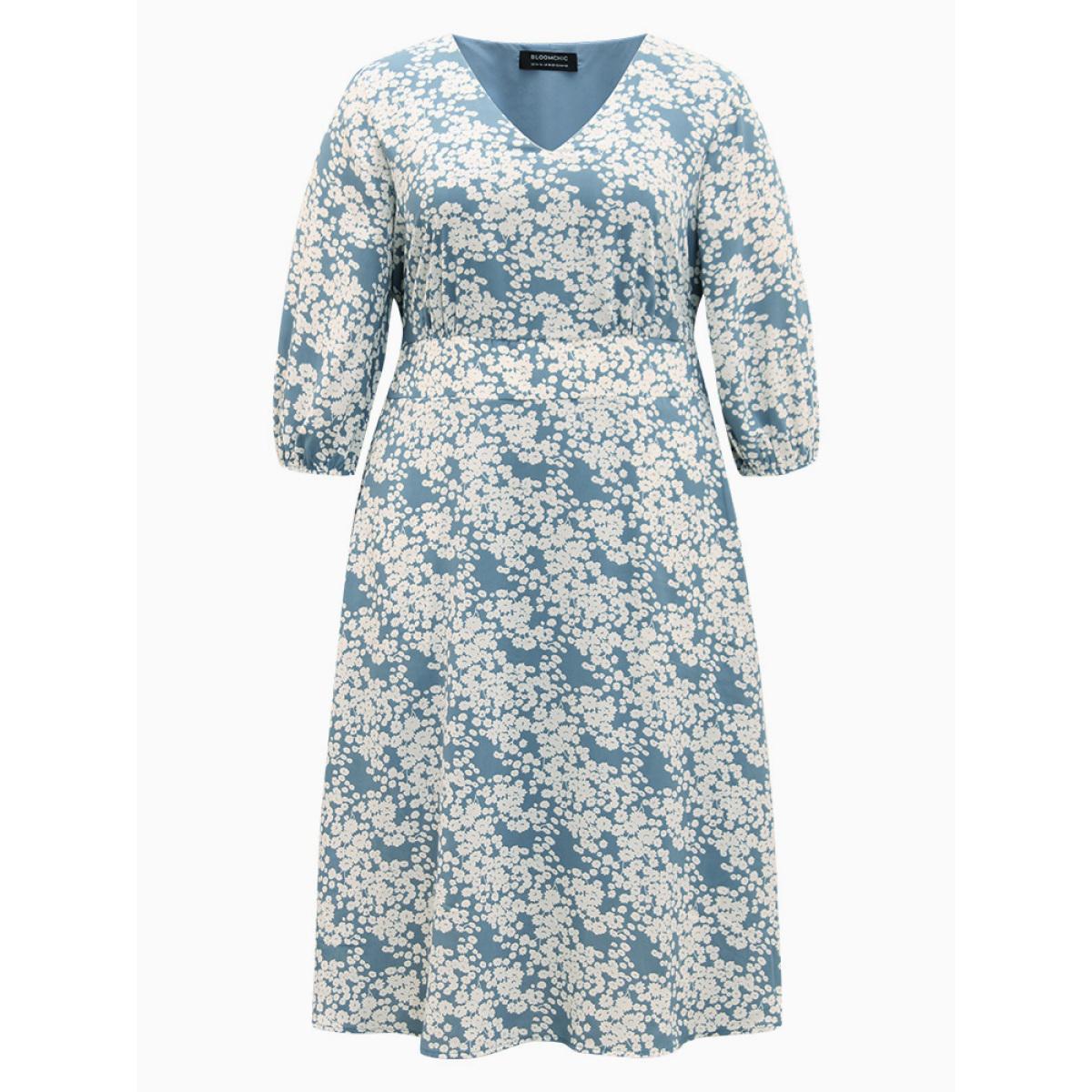 Plus Size Ditsy Floral Pleated Detail Lantern Sleeve Dress LightBlue Women Elegant Elastic cuffs V-neck Elbow-length sleeve Curvy Midi Dress BloomChic 12/L Product Image