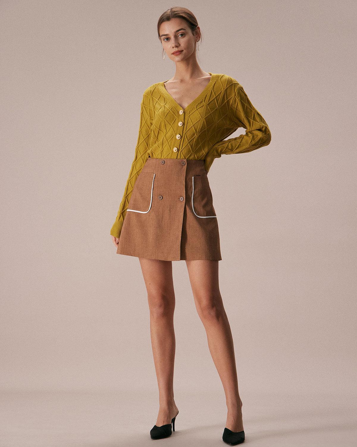 The Khaki Contrast Trim Button Mini Skirt Product Image