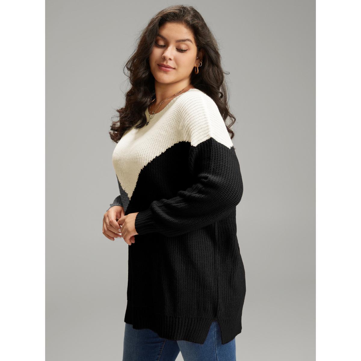Plus Size Colorblock Split Side Drop Shoulder Pullover Black Women Casual Loose Long Sleeve Round Neck Dailywear Pullovers BloomChic 12/L Product Image