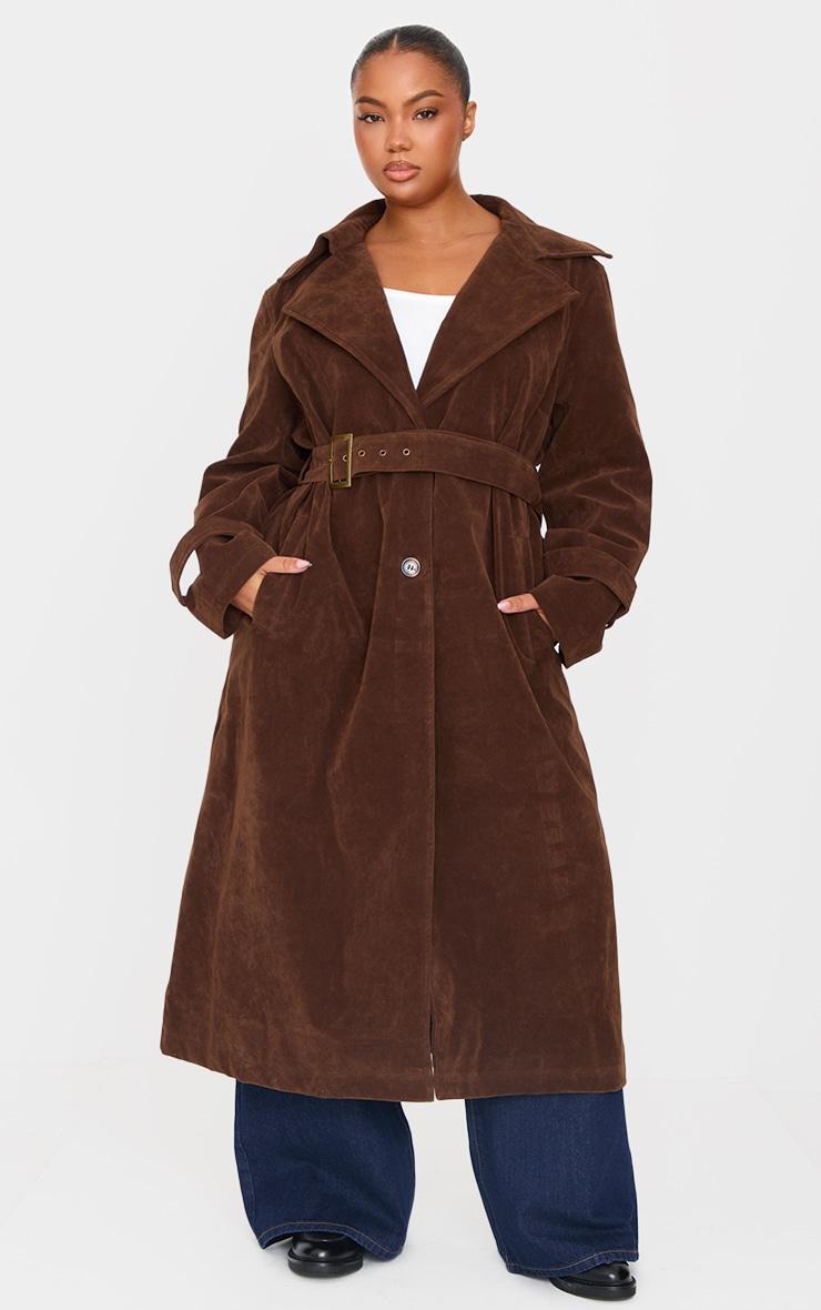 Plus Chocolate Faux Suede Belted Trench Coat Product Image