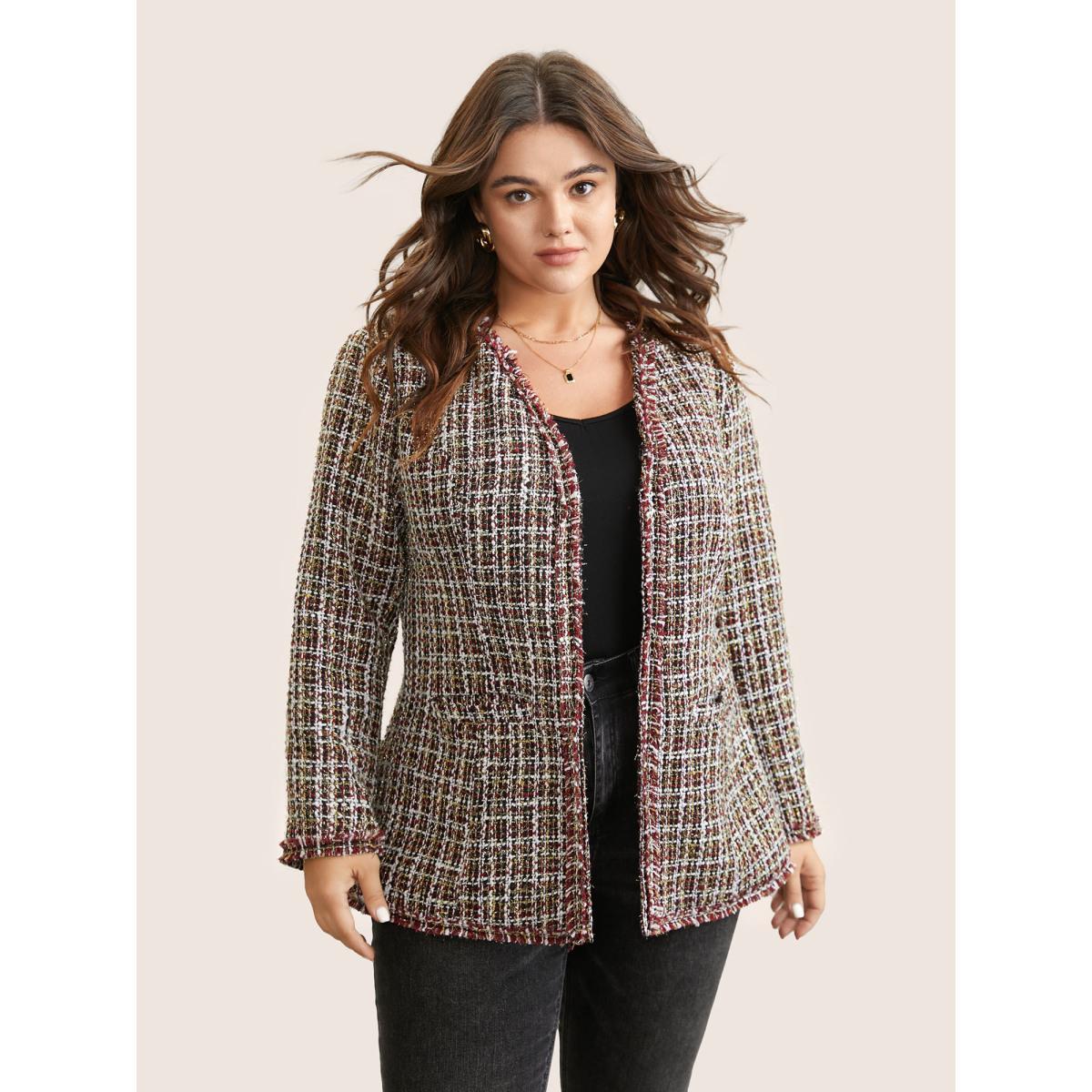 Plus Size Tweed Fuzzy Trim Pocket Open Front Jacket Women Multicolor Texture Pocket Everyday Jackets BloomChic 28/5X Product Image