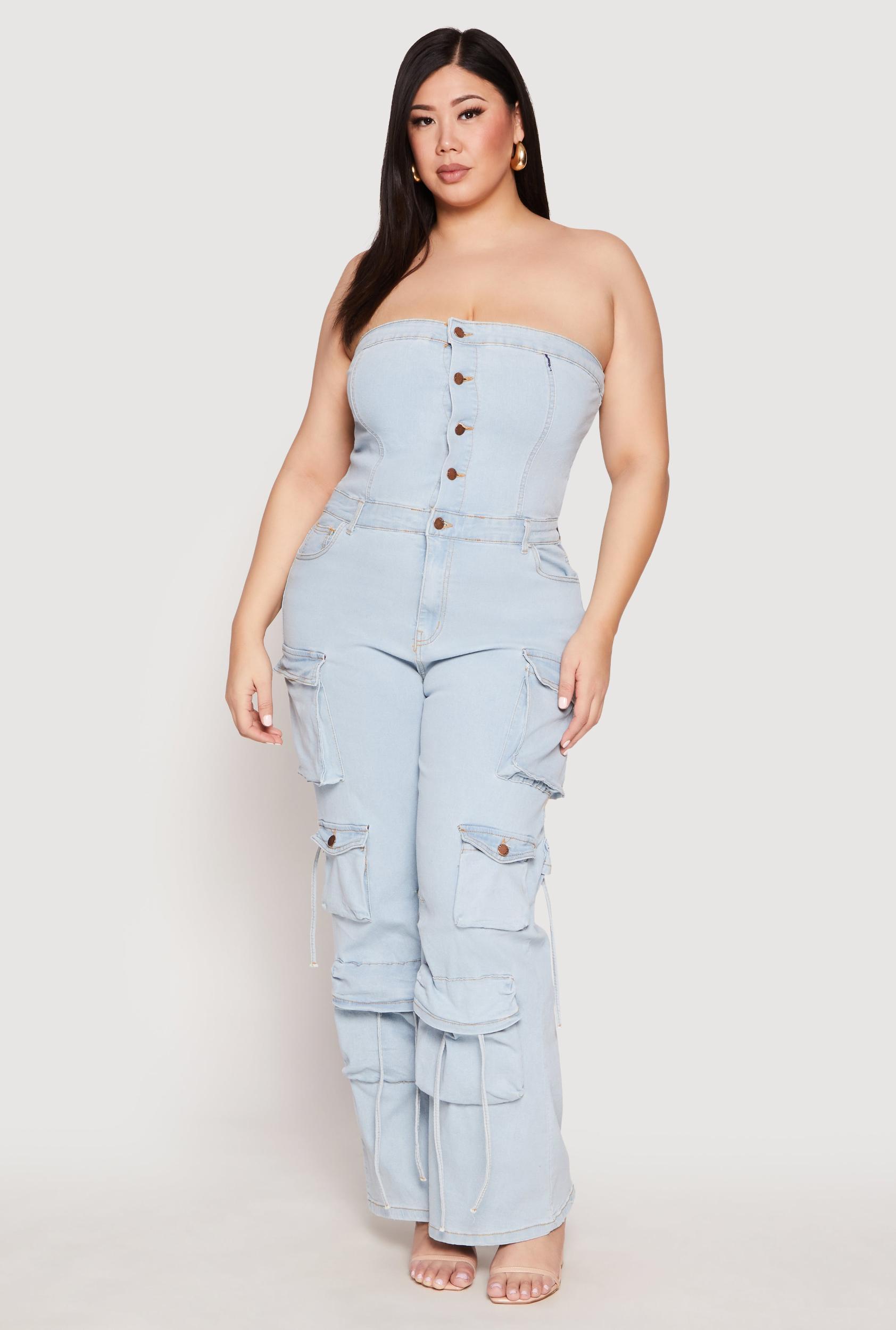 Womens Plus Size Daisy Denim Cargo Jumpsuit Product Image
