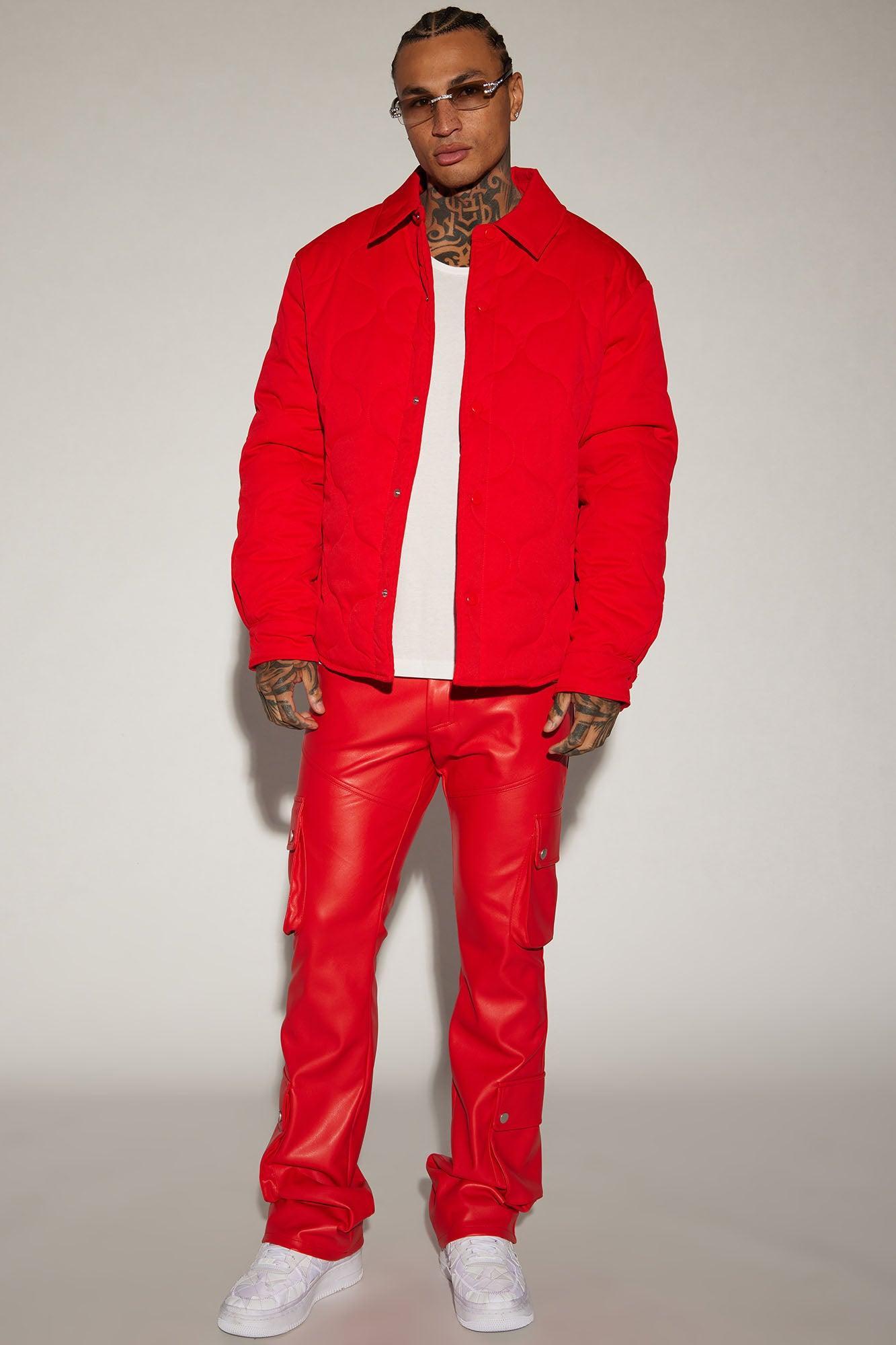 Name Of Love Faux Leather Stacked Slim Flare Pants - Red Product Image