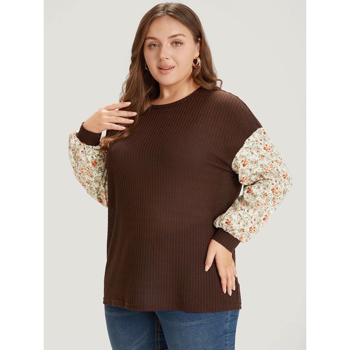 Plus Size Ditsy Floral Patchwork Lantern Sleeve Waffle Knit Sweatshirt Women DarkBrown Elegant Round Neck Dailywear Sweatshirts BloomChic 10/M Product Image