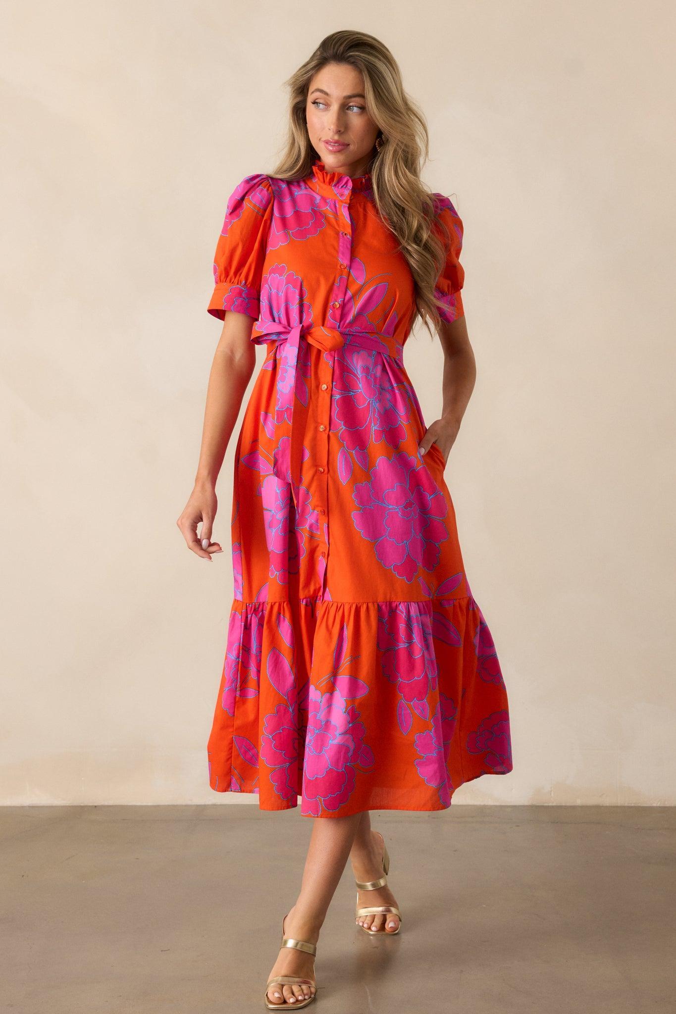 Free To Fly Cotton Orange Floral Button Front Midi Dress Product Image