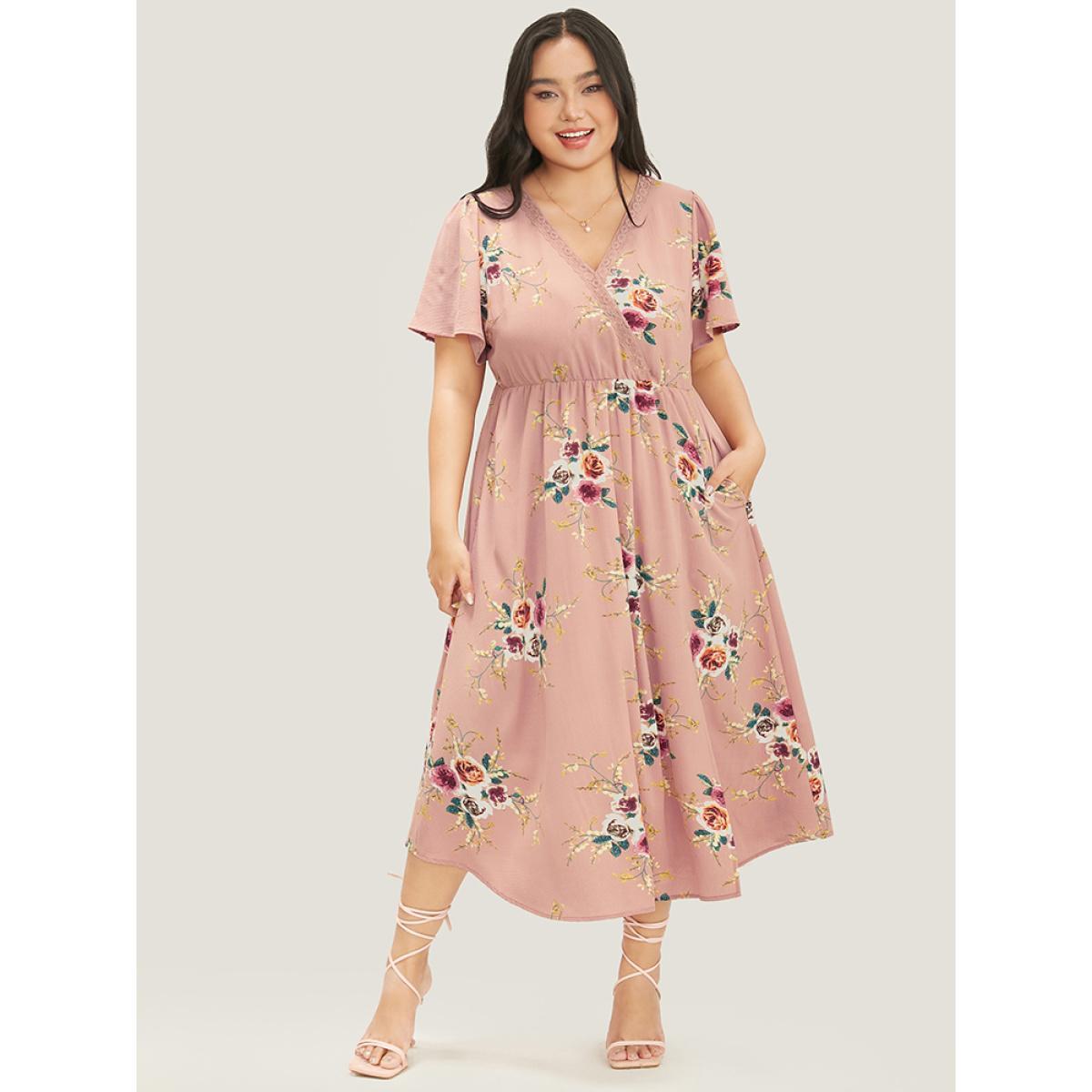 Plus Size Floral Printed Lace Wrap Pocket Split Ruffles Hem Dress DustyPink Women Elegant Lace V-neck Short sleeve Curvy Midi Dress BloomChic 22-24/3X Product Image