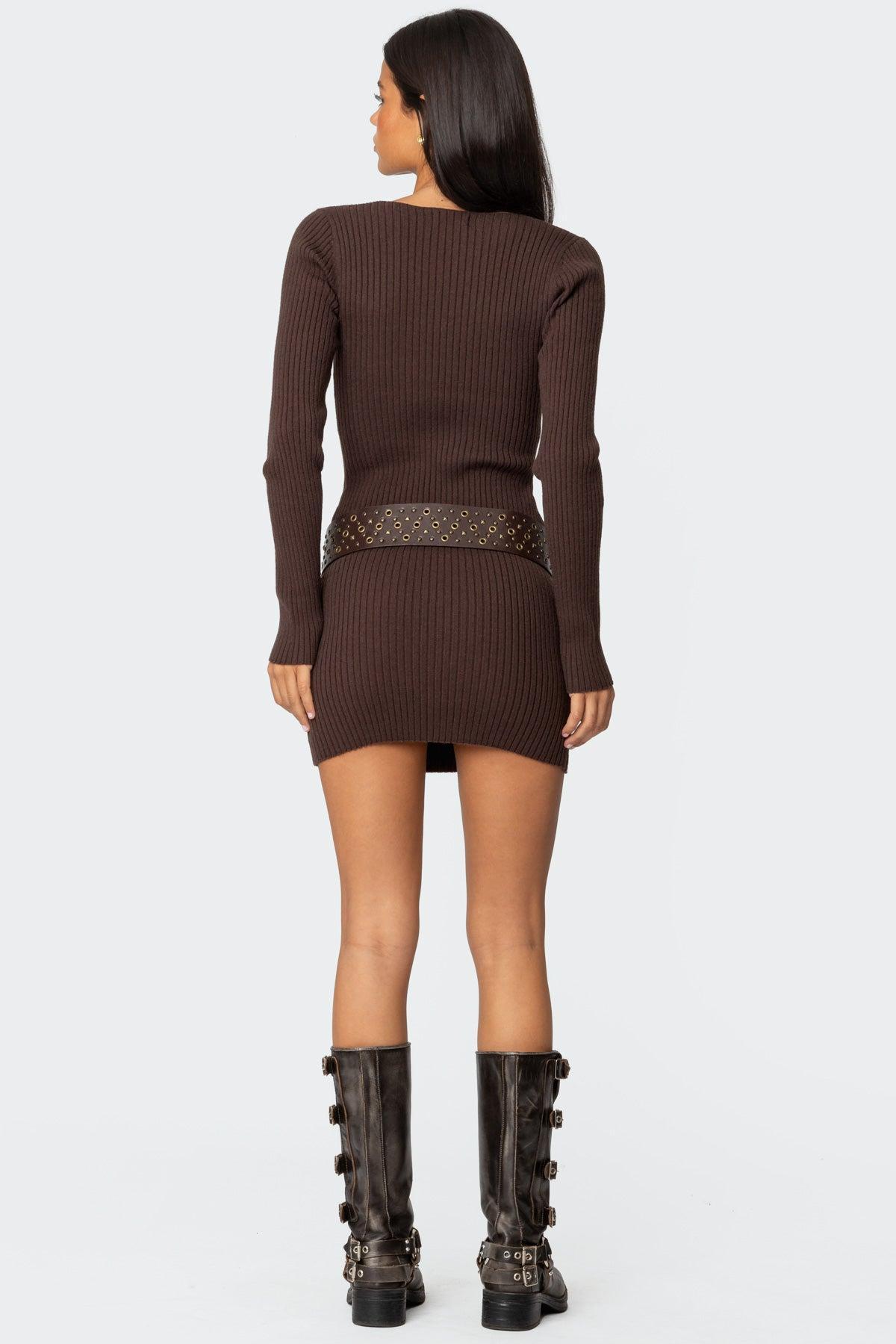 Ribbed Knit V Neck Mini Dress Product Image