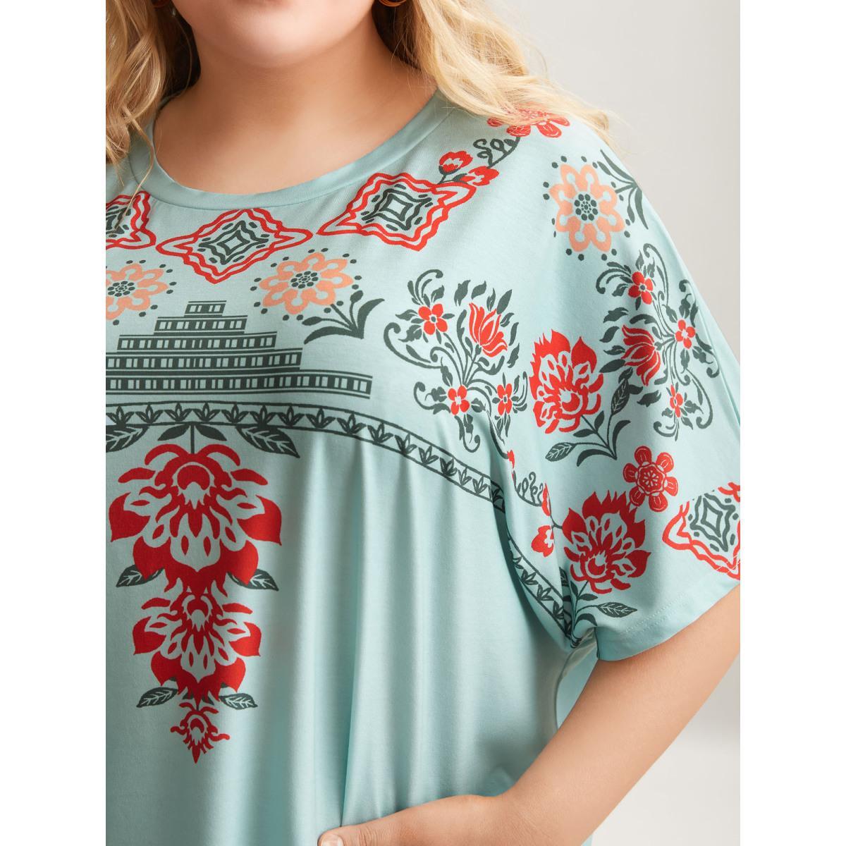 Plus Size Boho Print Stretchy Half Sleeve T-Shirt Greenbean Women Casual Non Round Neck Everyday T-shirts BloomChic 18-20/2X Product Image