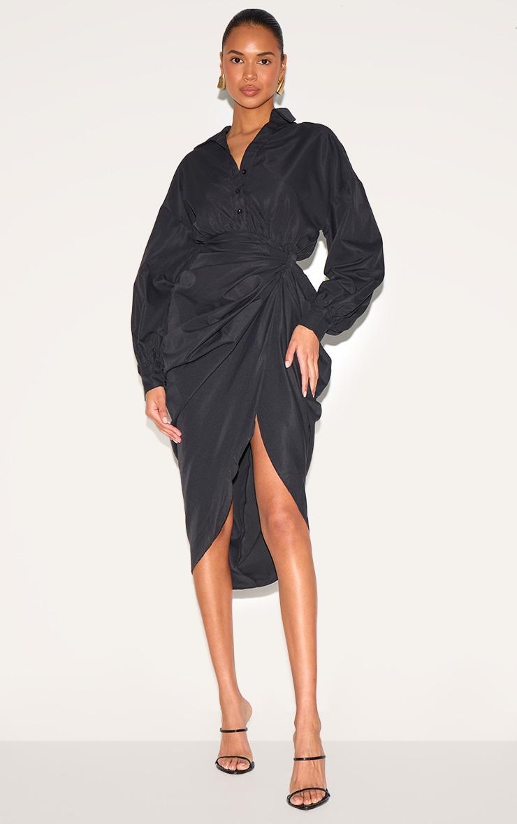 Black Balloon Sleeve Gathered Skirt Midi Shirt Dress Product Image