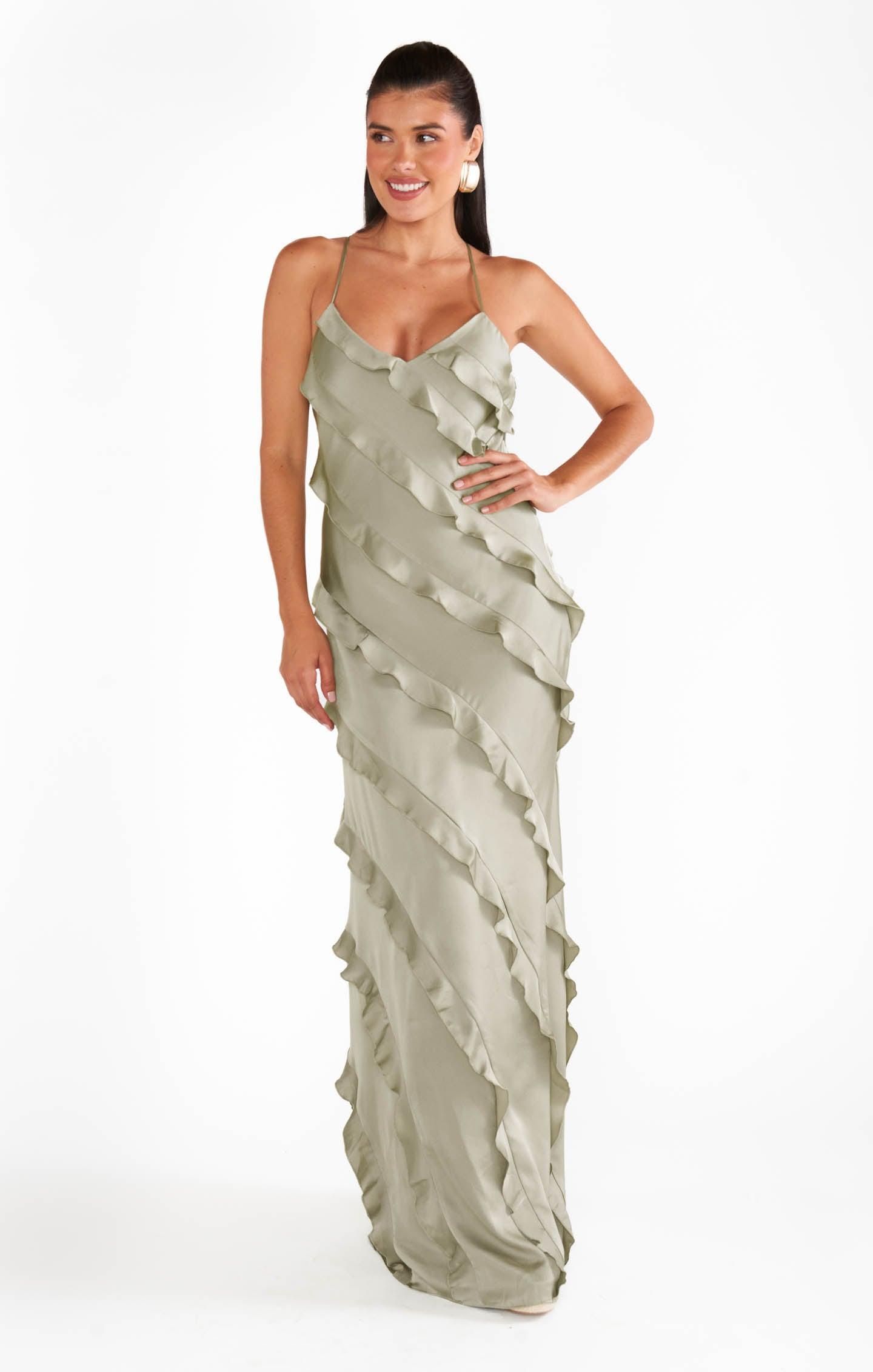 Romance Ruffle Dress ~ Moss Green Luxe Satin Product Image