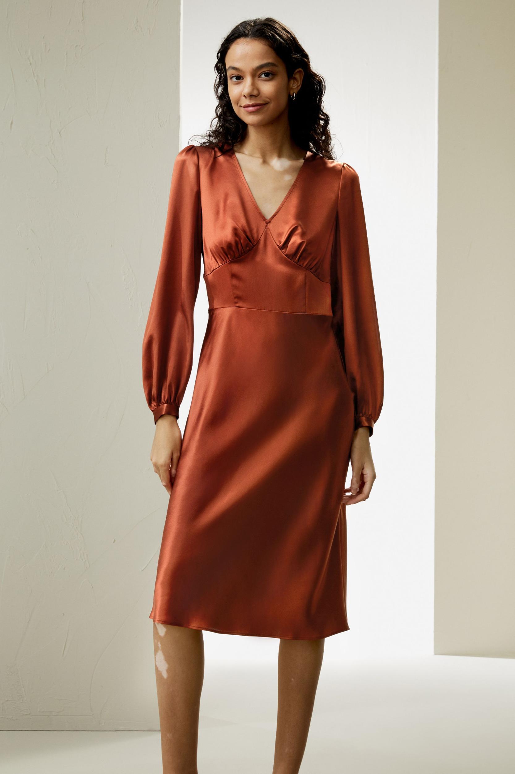 V-Neck Silk Waisted Dress Product Image