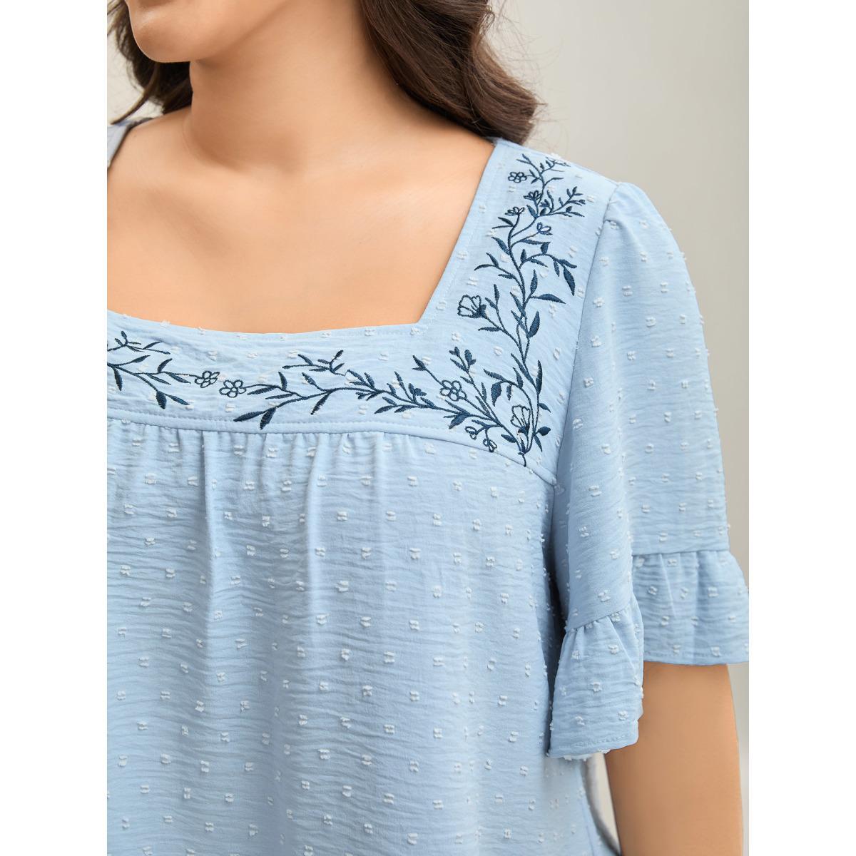 Plus Size LightBlue Textured Floral Embroidered Flared Sleeve Shirt Women Resort Short sleeve Square Neck Vacation Blouses BloomChic 12/L Product Image