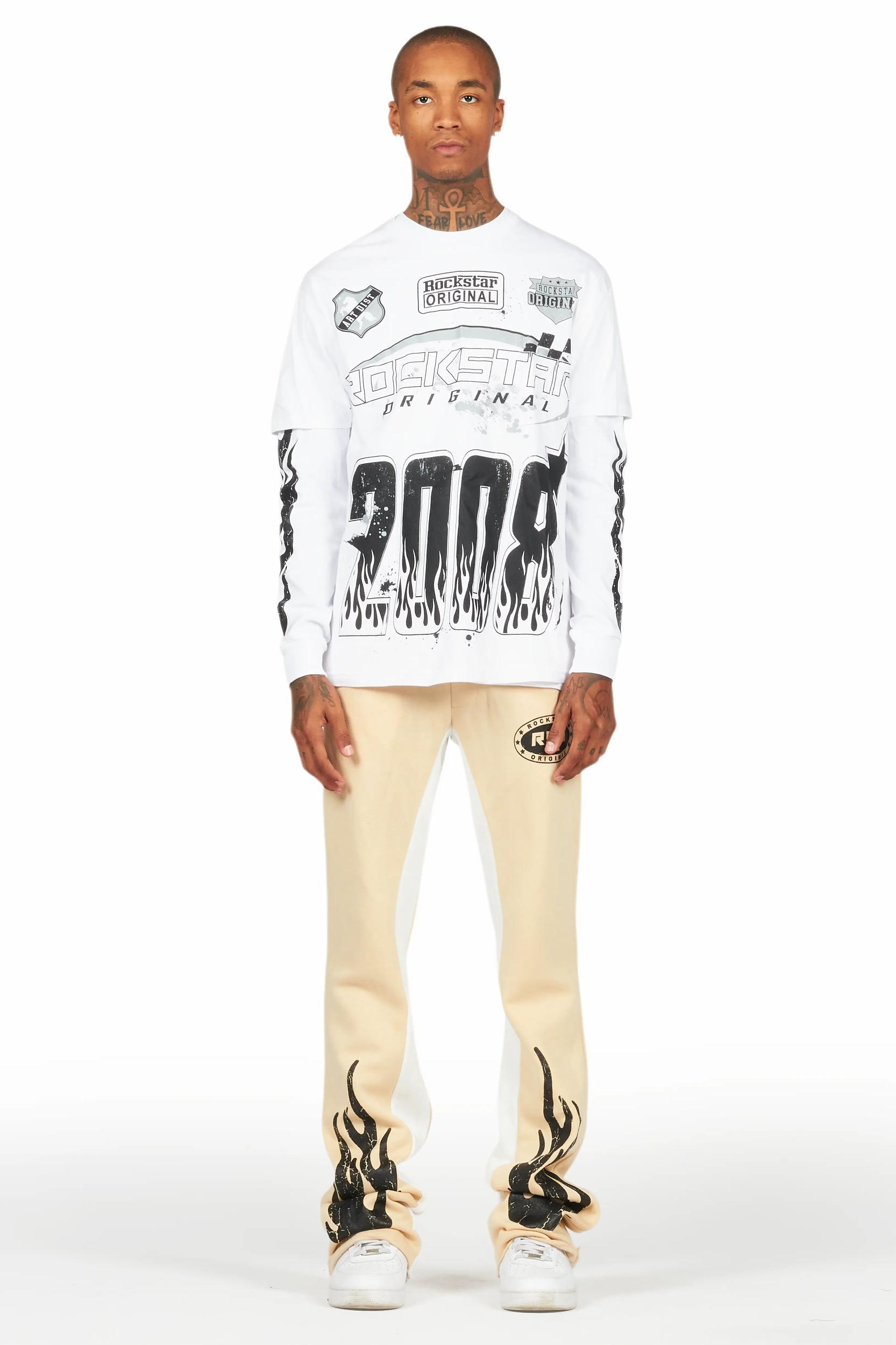 Amos White/Beige Double Layer T-Shirt/Stacked Baggy Pant Set Male Product Image