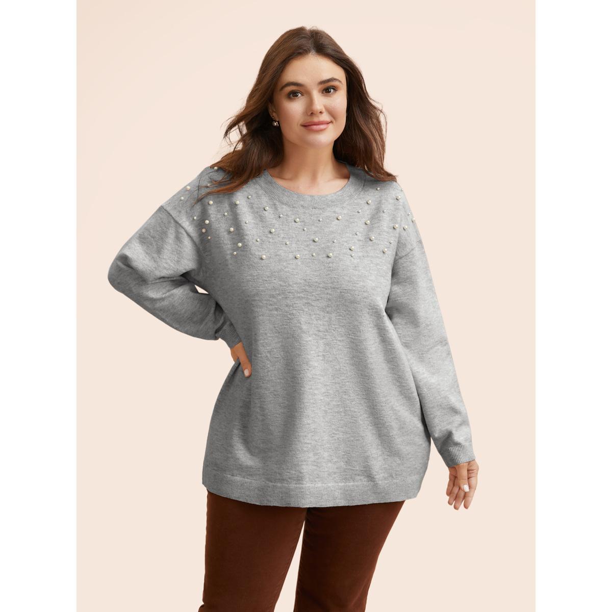 Plus Size Round Neck Pearl Beaded Pullover LightGray Women Casual Long Sleeve Round Neck Everyday Pullovers BloomChic 30/6X Product Image