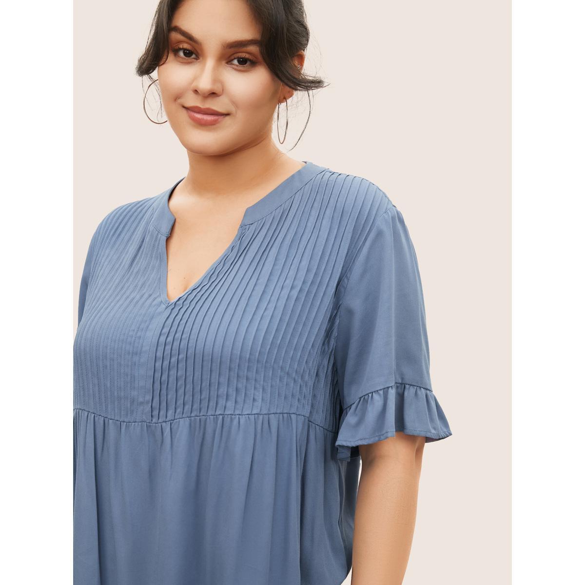 Plus Size Stone Rayon Solid Pleated Patchwork Ruffles Blouse Women Casual Half Sleeve Flat collar Everyday Blouses BloomChic 28/5X Product Image