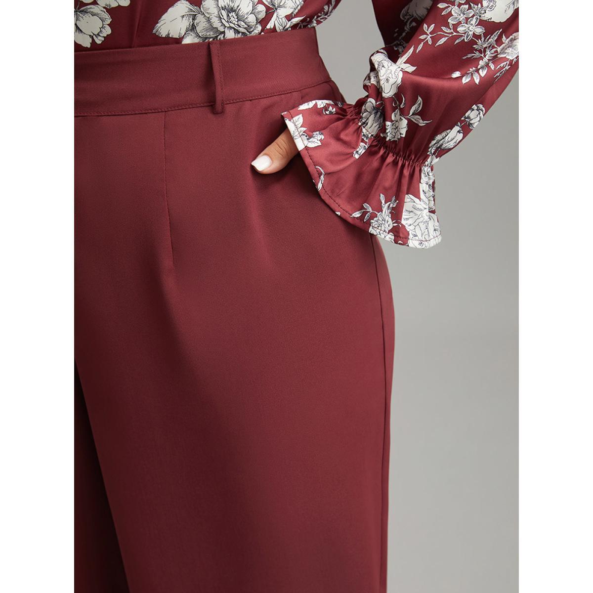 Plus Size Solid Pocket Button Up Elastic Waist Pants Women Scarlet Elegant Straight Leg High Rise Dailywear Pants BloomChic 12/L Product Image