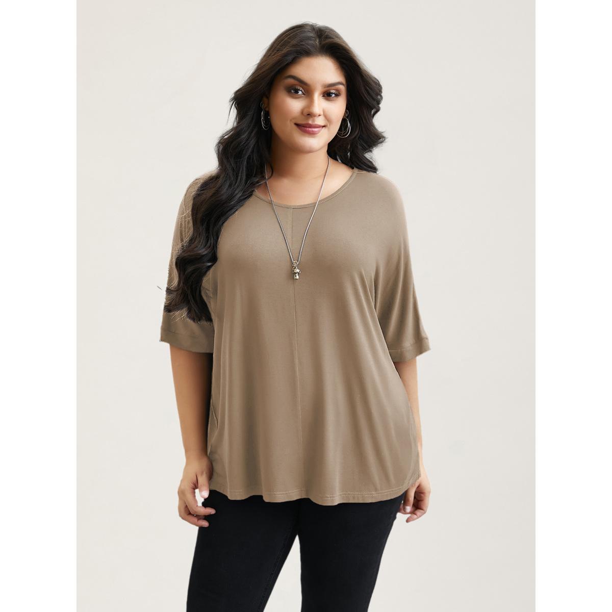 Plus Size Supersoft Round Neck Plain T-Shirt LightBrown Women Casual Non Round Neck Everyday T-shirts BloomChic 10/M Product Image