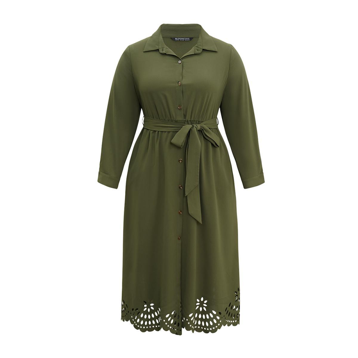Plus Size Plain Laser Cut Button Through Belted Dress ArmyGreen Women Office Plain Shirt collar Long Sleeve Curvy Midi Dress BloomChic 22-24/3X Product Image
