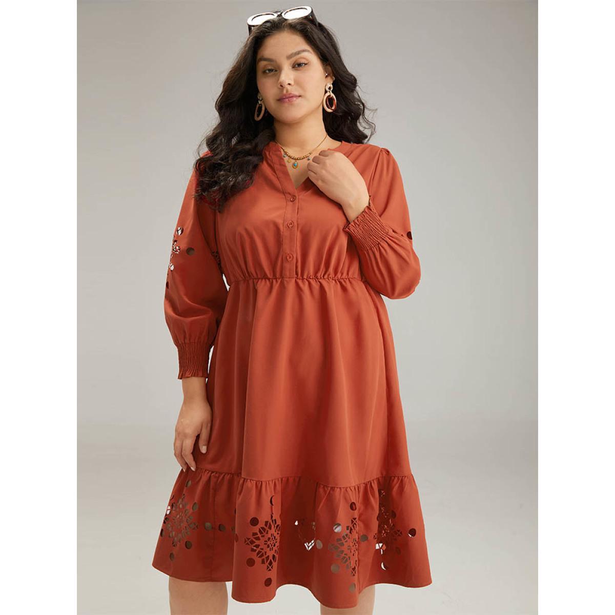Plus Size Plain Shirred Button Up Laser Cut Dress Maroon Women Vacation Plain Notched collar Long Sleeve Curvy Midi Dress BloomChic 30/6X Product Image