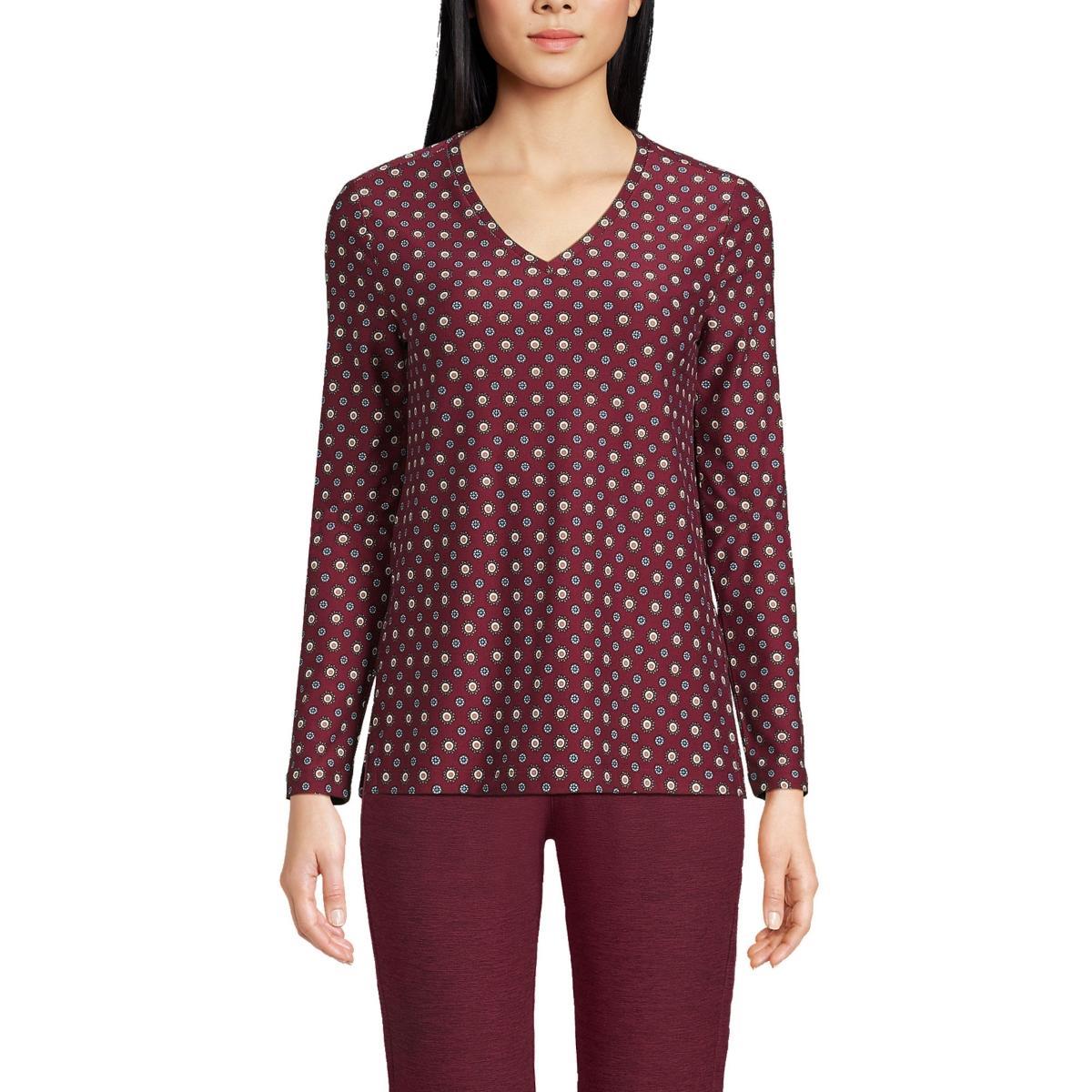 Petite Lands End Long Sleeve Performance V-Neck Top, Womens Red Geo Product Image