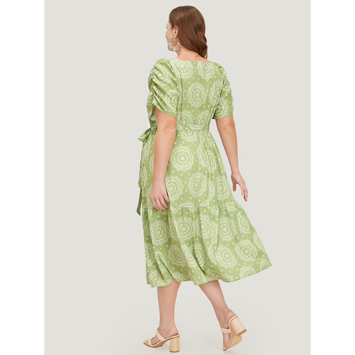 Plus Size Bandana Print Ruched Sleeve Frill Trim Pocket Belt Dress LightGreen Women Vacation Ruched Square Neck Short sleeve Curvy Midi Dress BloomChic 30/6X Product Image