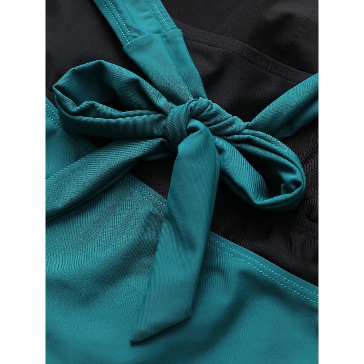Plus Size Contrast Halter Bowknot Patchwork One Piece Swimsuit Women's Swimwear Teal Beach Non Curve Bathing Suits High stretch One Pieces BloomChic 28/5X Product Image