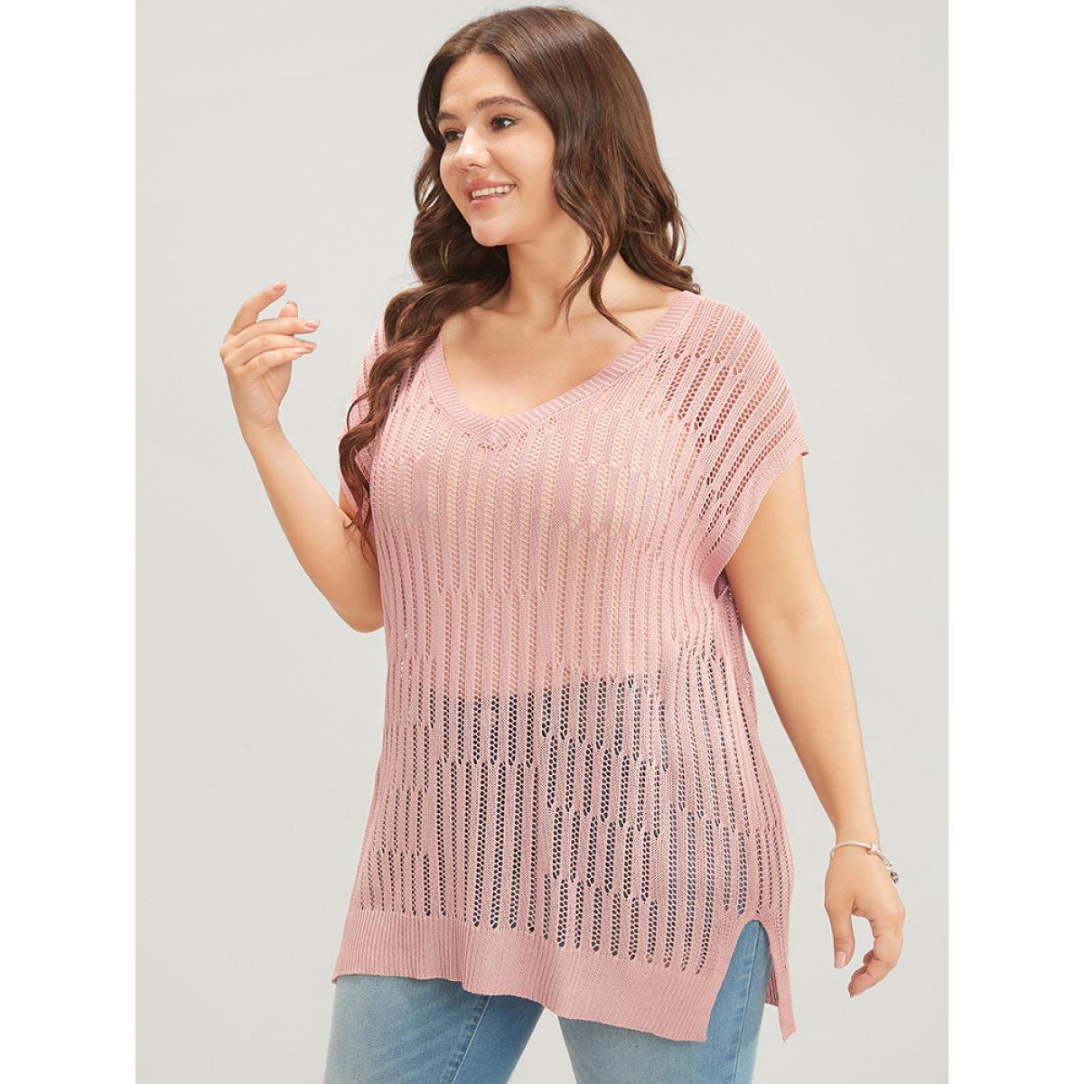 Plus Size Plain Vertical Striped Cut Out Split Hem Knit Top Coral Women Casual Sleeveless V-neck Dailywear Pullovers BloomChic 10/M Product Image
