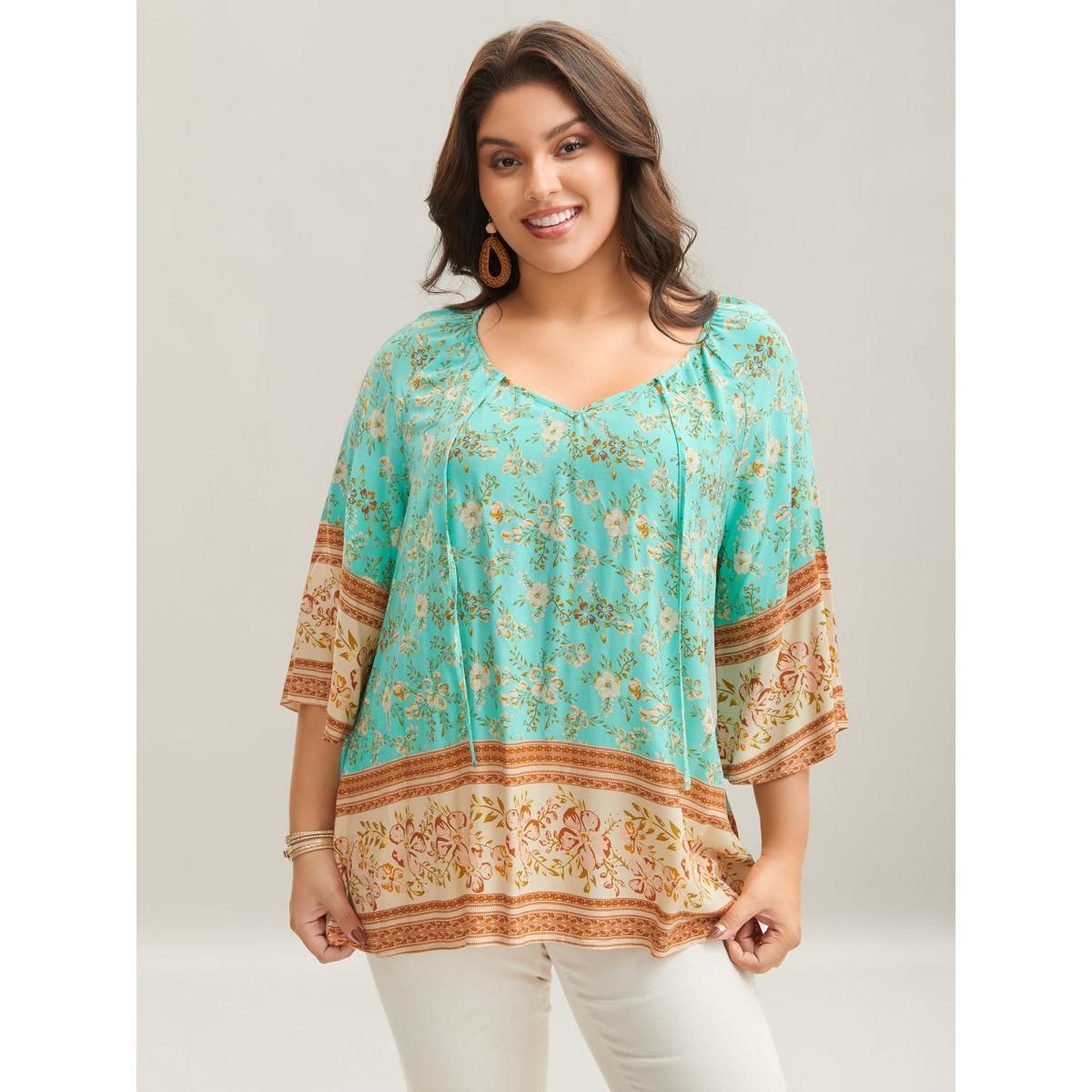 Plus Size Malachitegreen Boho Print Neck Ties Relaxed Fit Shirt Women Resort Elbow-length sleeve V-neck Vacation Blouses BloomChic 30/6X Product Image