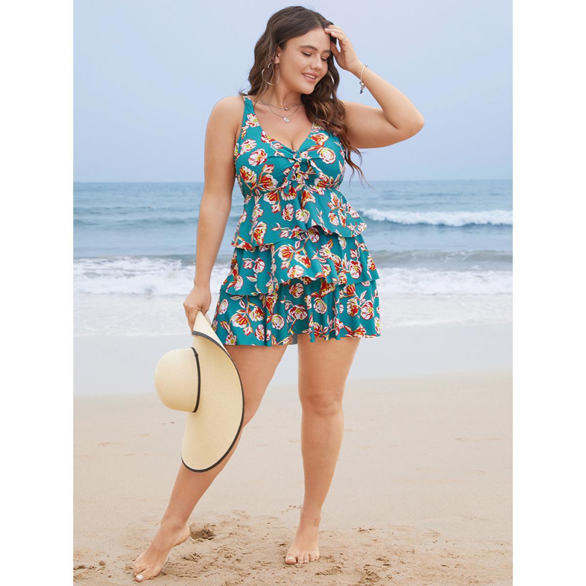 Plus Size Floral Adjustable Straps Knotted Ruched Ruffle Tiered Swim Dress Women's Swimwear Cerulean Vacation Bodycon V-neck High stretch Curve Swim Dresses BloomChic 28/5X Product Image