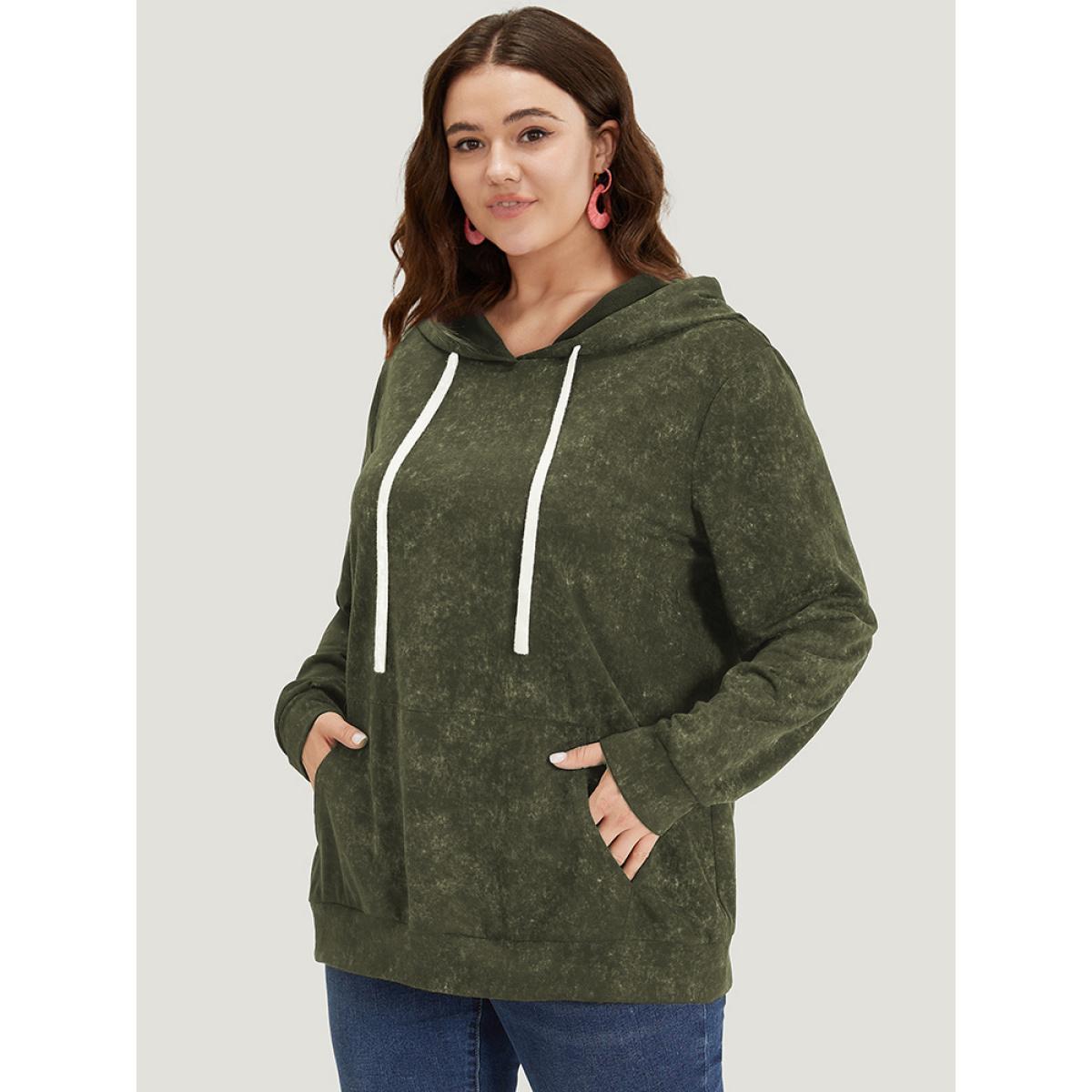 Plus Size Hooded Ties Pocket Elastic Cuffs Sweatshirt Women ArmyGreen Casual Elastic cuffs Hooded Dailywear Sweatshirts BloomChic 14-16/1X Product Image