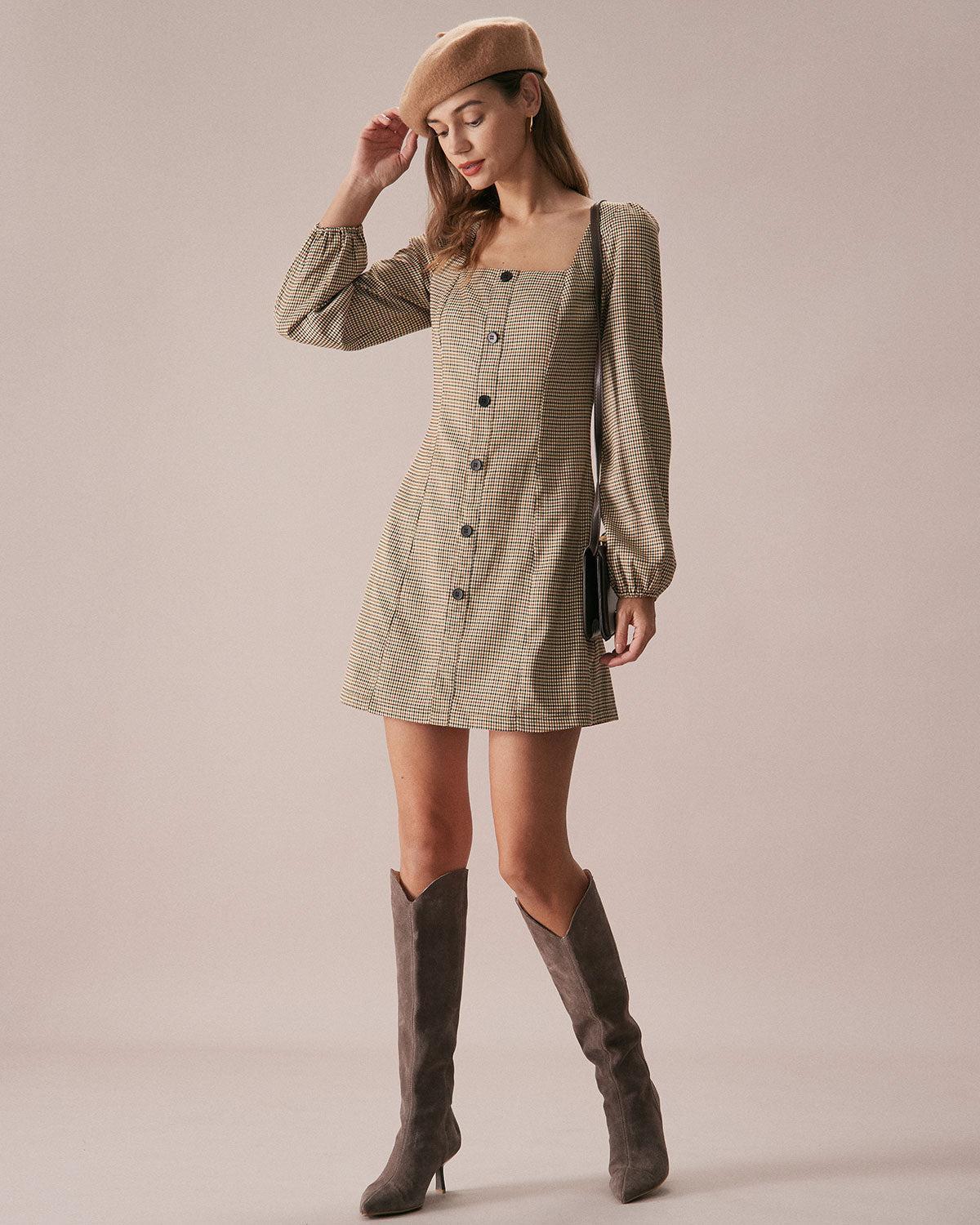 The Khaki Square Neck Plaid Button Mini Dress Product Image