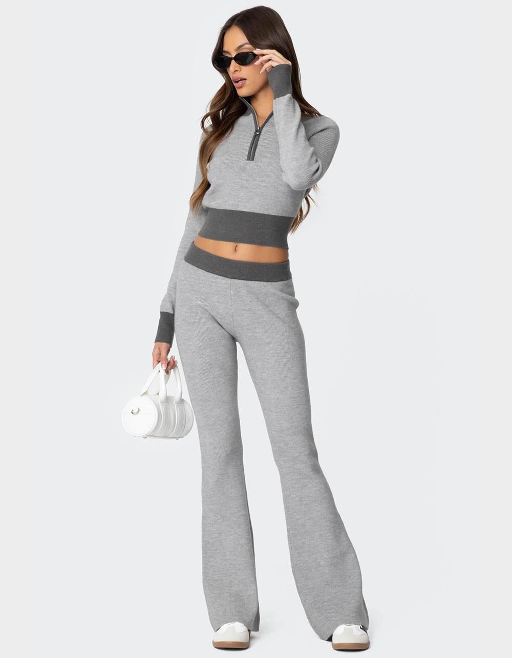 EDIKTED Lei Contrast Knit Flared Pants - GRAY Product Image