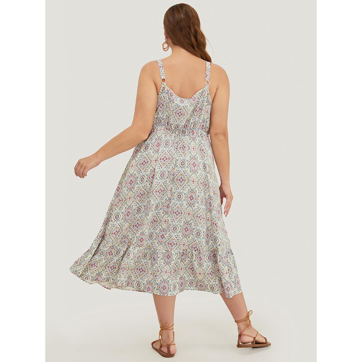 Plus Size Bandana Knotted Pocket Ruffle Hem Empire Waist Cami Dress Apricot Women Vacation Adjustable Straps V-neck Sleeveless Curvy Midi Dress BloomChic 28/5X Product Image