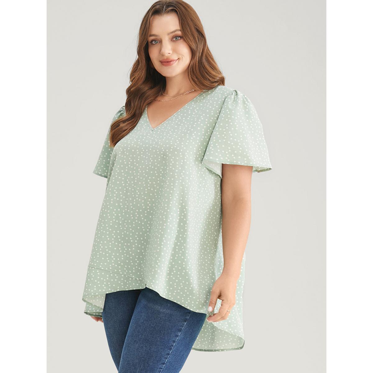 Plus Size Mint Heart Print Ruffle Sleeve Asymmetrical Hem Blouse Women Elegant Short sleeve V-neck Dailywear Blouses BloomChic 30/6X Product Image