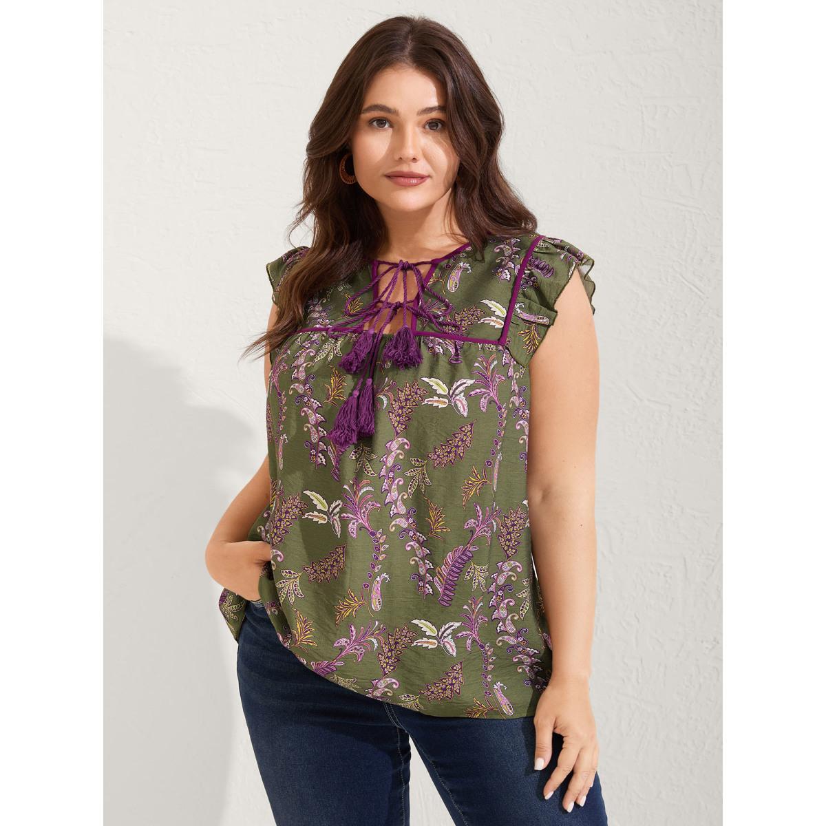 Plus Size Moss Paisley Print Color Contrast Flowy Blouse Women Cap Sleeve Asymmetrical Neck Vacation Blouses BloomChic 26/4X Product Image