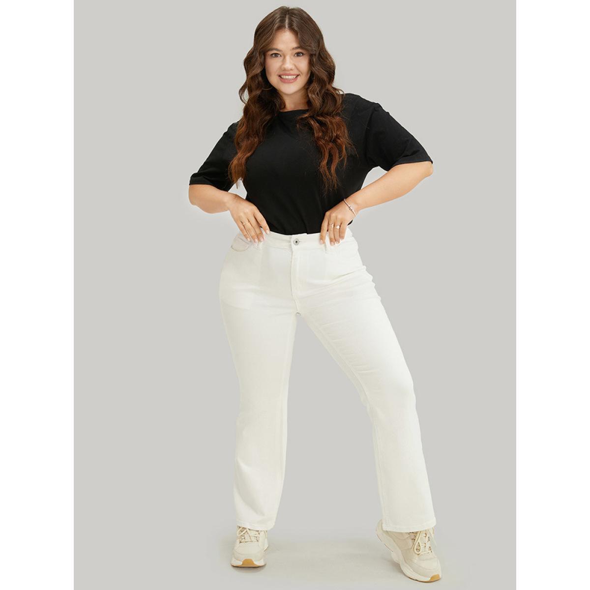 Plus Size Slightly Stretchy High Rise White Wash Bootcut Jeans Women Ivory Casual Plain Pocket Low stretch Pocket Jeans BloomChic 10/M Product Image