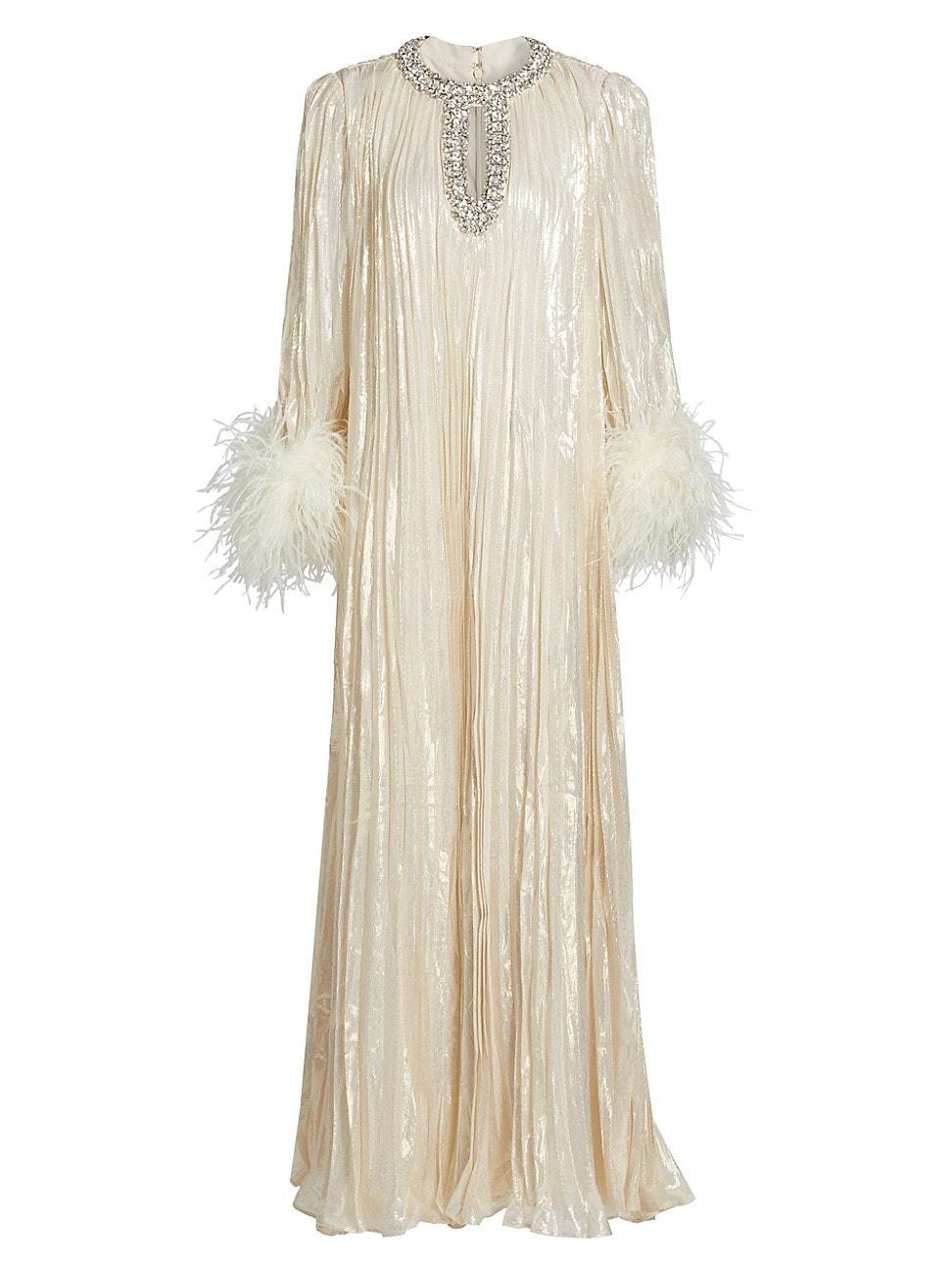 Womens Metallic Pliss Feather-Trim Maxi Dress Product Image