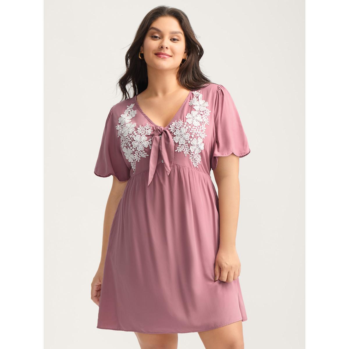 Plus Size Rayon Bodice Embroidered Patchwork Knot Midi Dress DustyPink Women V-neck Short sleeve Curvy BloomChic 28/5X Product Image